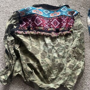 Zara Embroidered Pom Tassel Fringe Green Camo Army Parka Jacket Large